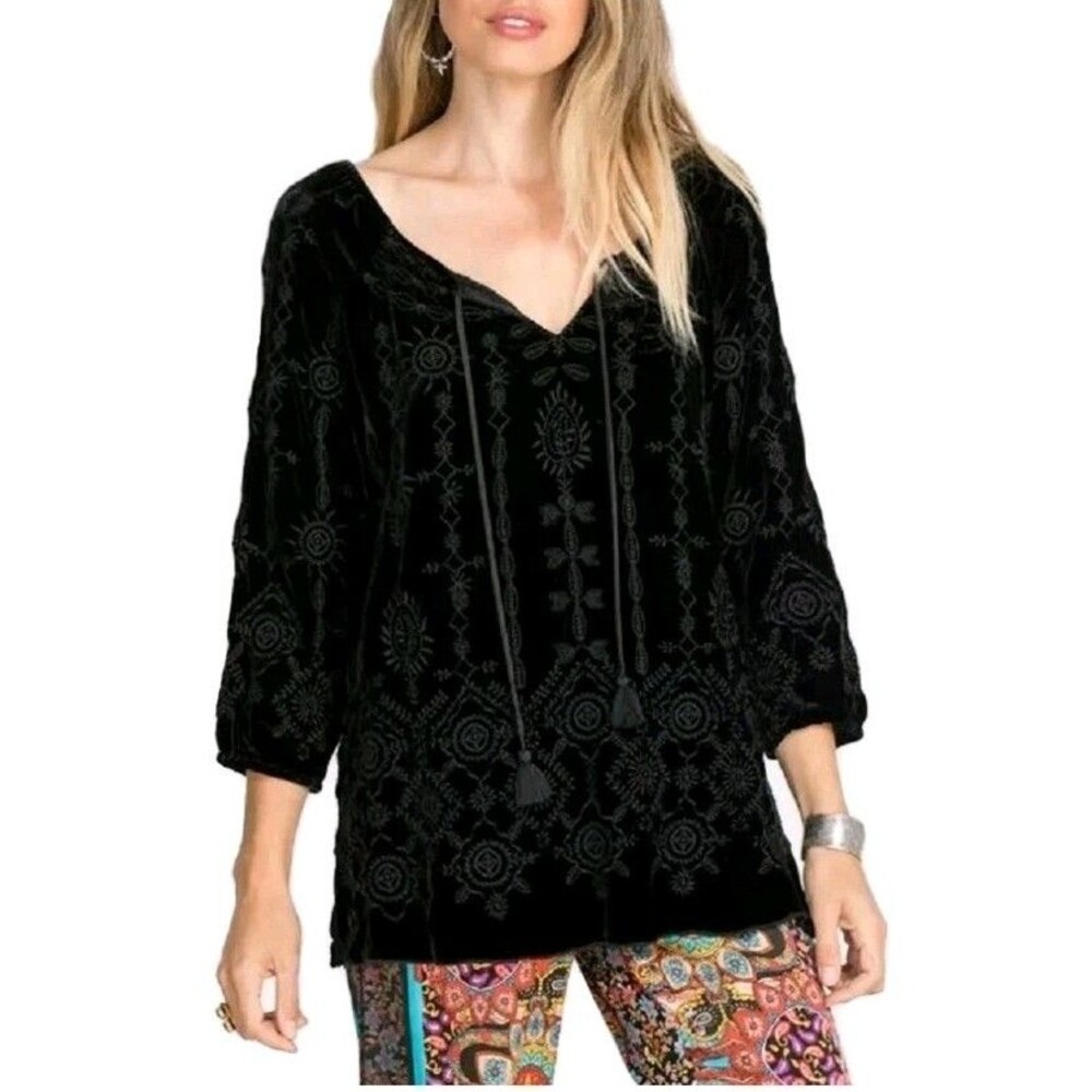 Johnny Was Althea Velvet Peasant Blouse Embroidered Black Size S NWT